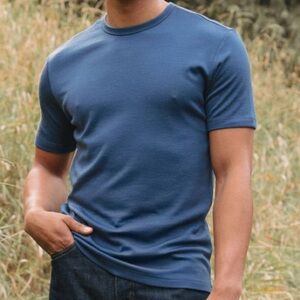 Wool & Prince Interlock CrewNeck Tee Shirt Blue Merino Wool Knit Short Sleeves L